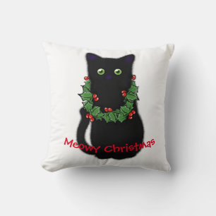 Zwarte kat Meowy Kerstmis Holly garland Kussen
