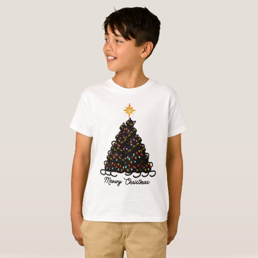 Zwarte kat Meowy Kerstmis T-Shirt (Voorkant volledig)