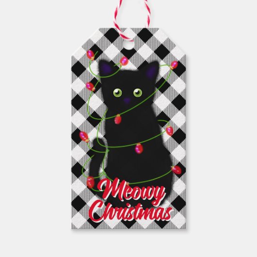 Zwarte kat Meowy Kerstmis twinkle lichten gingham Cadeaulabel (Voorkant)