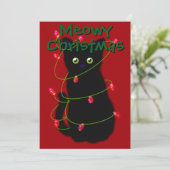 Zwarte kat Meowy Kerstmis twinkle lichten gingham Feestdagenkaart (Staand voorkant)