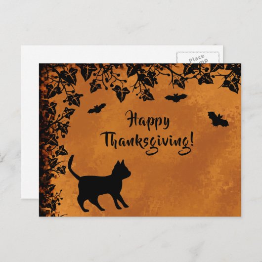 Zwarte Kat met Bat, Happy Thanksgiving Briefkaart (Voorkant / Achterkant)