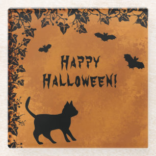 Zwarte kat met biet, Happy Halloween Glazen Onderzetter