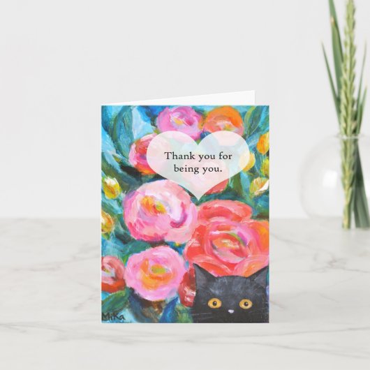 Zwarte kat met bloemen Bedankt dat je er bent Kaart (Voorkant)