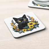 zwarte kat met bloemen bier onderzetter (Linkerzijde)