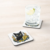 zwarte kat met bloemen bier onderzetter (Rechterzijde)