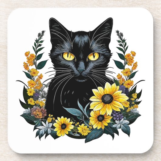 zwarte kat met bloemen bier onderzetter (Voorkant)