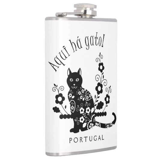 Zwarte kat met bloemen en Portugese expressie Heupfles (Rechts)