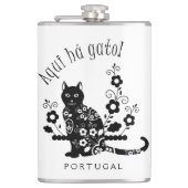 Zwarte kat met bloemen en Portugese expressie Heupfles (Voorkant)