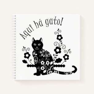 Zwarte kat met bloemen en Portugese expressie Notitieboek