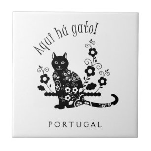Zwarte kat met bloemen en Portugese expressie Tegeltje