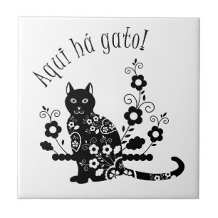 Zwarte kat met bloemen en Portugese expressie Tegeltje
