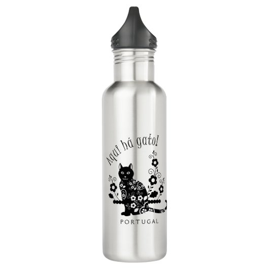 Zwarte kat met bloemen en Portugese expressie Waterfles (Links)