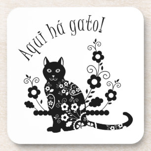 Zwarte kat met bloemen en Portugese uitdrukking Bier Onderzetter