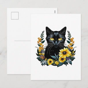 zwarte kat met bloemen feestdagenkaart