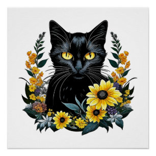 zwarte kat met bloemen perfect poster