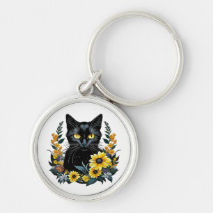 zwarte kat met bloemen sleutelhanger