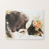 Zwarte kat met bloemkroon legpuzzel (Horizontaal)