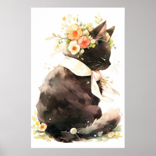 Zwarte kat met bloemkroon poster