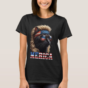Zwarte kat met blonde pruik Mullet 4 juli FU T-shirt