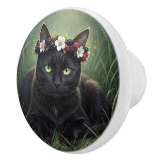 Zwarte kat met braam en bloemenkroon keramische knop