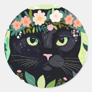 Zwarte kat met een bloemenkroon ronde sticker