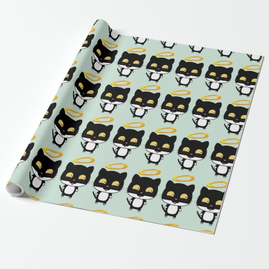Zwarte kat met een gouden halo-kute Cartoon Cadeaupapier (Uitgerold)