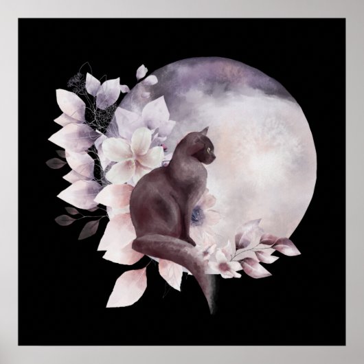 Zwarte Kat met een Magische Volledige maan Poster (Voorkant)