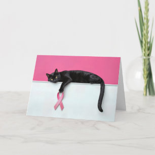 Zwarte kat met een roze lint borstkanker symbool kaart