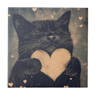 Zwarte kat met gouden hart - Cat's Cosy Love Tegeltje