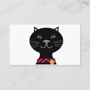 Zwarte kat met groene ogen en roze kraag visitekaartje