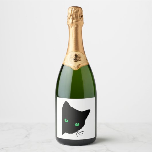 Zwarte kat met groene ogen sparkling wijnetiket (Voorkant)