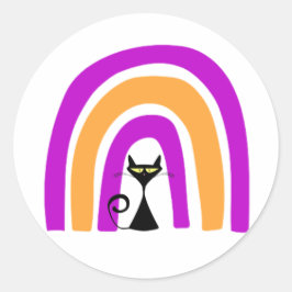 Zwarte kat met halloween gekleurde regenboog ronde sticker