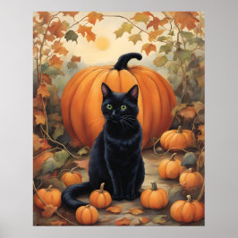 Zwarte kat met Halloween pompoen Poster