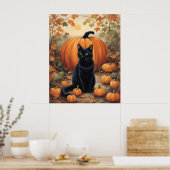 Zwarte kat met Halloween pompoen Poster (Keuken)