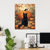 Zwarte kat met Halloween pompoen Poster (Thuiskantoor)