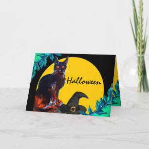 ZWARTE KAT MET Heksenhoed, HALLOWEEN FEestJE Kaart