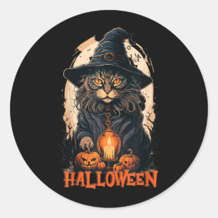 Zwarte Kat Met Heksenhoed Kaars En Enge Pompoen Ronde Sticker