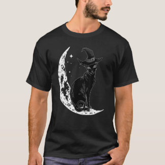 Zwarte Kat Met Heksenhoed & Maan Halloween Kostuum T-shirt