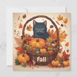 Zwarte kat met herfst-oogstmand bruin feestdagenkaart