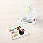 Zwarte kat met Ho Ho Ho-tekstontwerp Vierkante Kartonnen Onderzetter (Insitu)