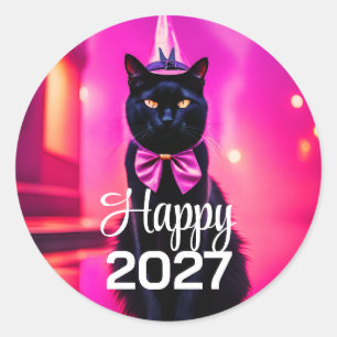 Zwarte kat met jazzy uitstraling wenst een gelukki ronde sticker
