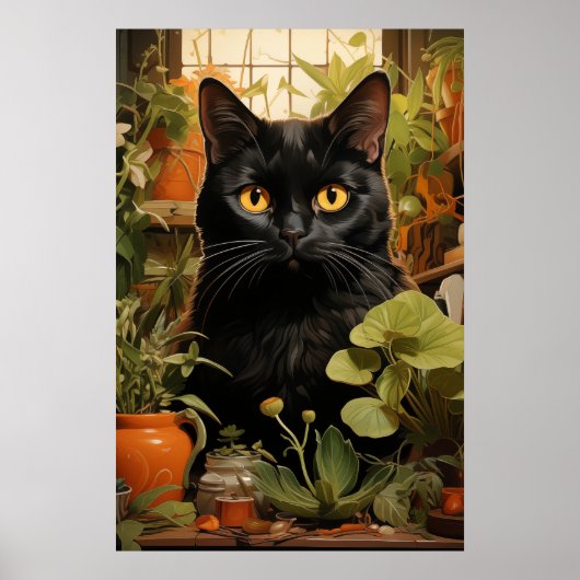 Zwarte kat met kamerplanten poster (Voorkant)