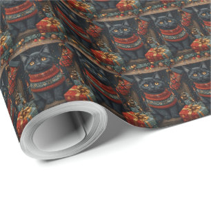 Zwarte Kat met Kerstcadeaus Haard Cadeaupapier