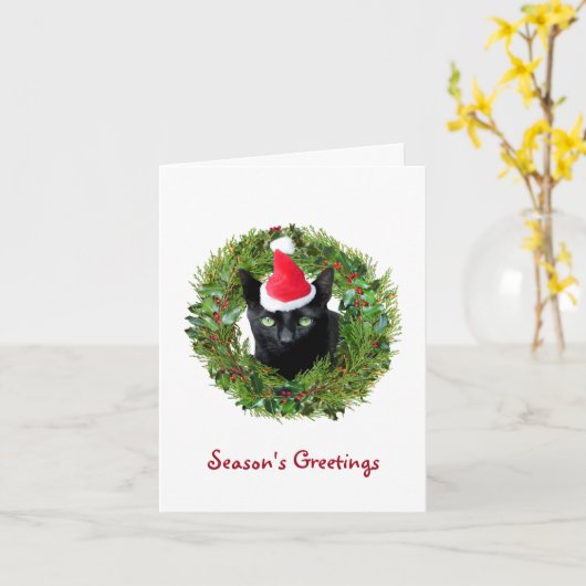 Zwarte kat met kerstkaart kaart (Gele Bloem)