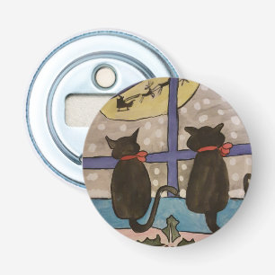 Zwarte Kat met kerstknop Button Flesopener