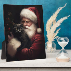Zwarte Kat Met Kerstman Festieve Kerstmis Fotoplaat