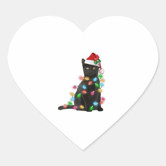 Zwarte kat met kerstmuts kerstverlichting hart sticker (Voorkant)