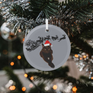 Zwarte kat met kerstmuts Slee en rendieren Glas Ornament