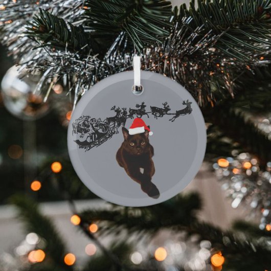 Zwarte kat met kerstmuts | Slee en rendieren Glas Ornament