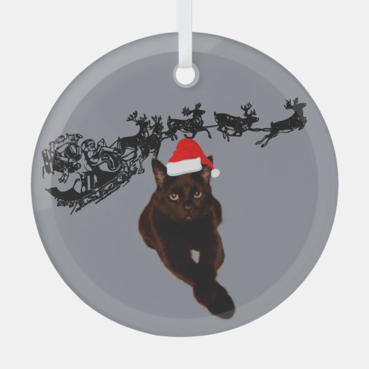 Zwarte kat met kerstmuts | Slee en rendieren Glas Ornament (Voorkant)